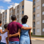 Família observa conjunto habitacional residencial construído pelo programa de moradia popular