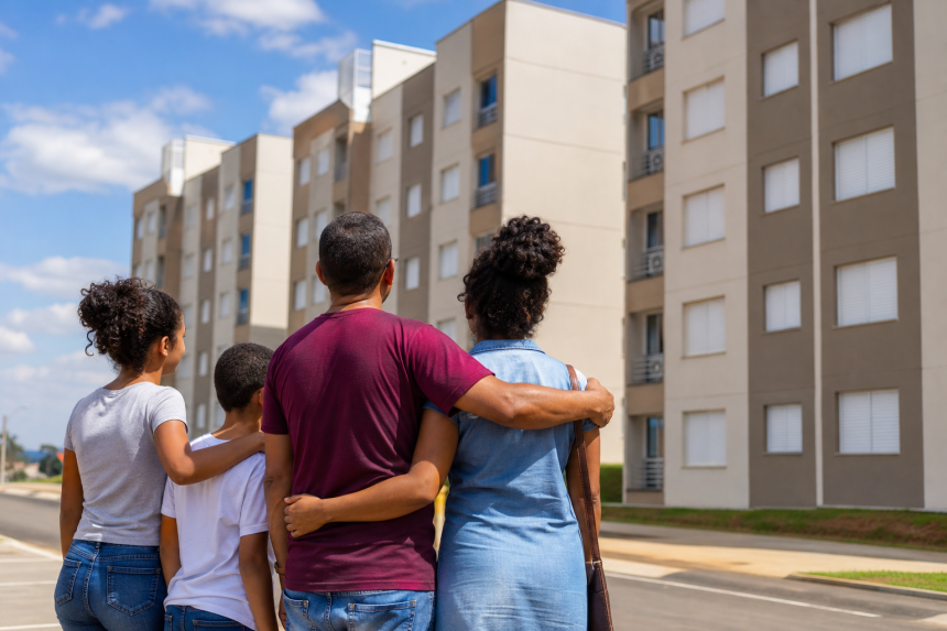 Família observa conjunto habitacional residencial construído pelo programa de moradia popular