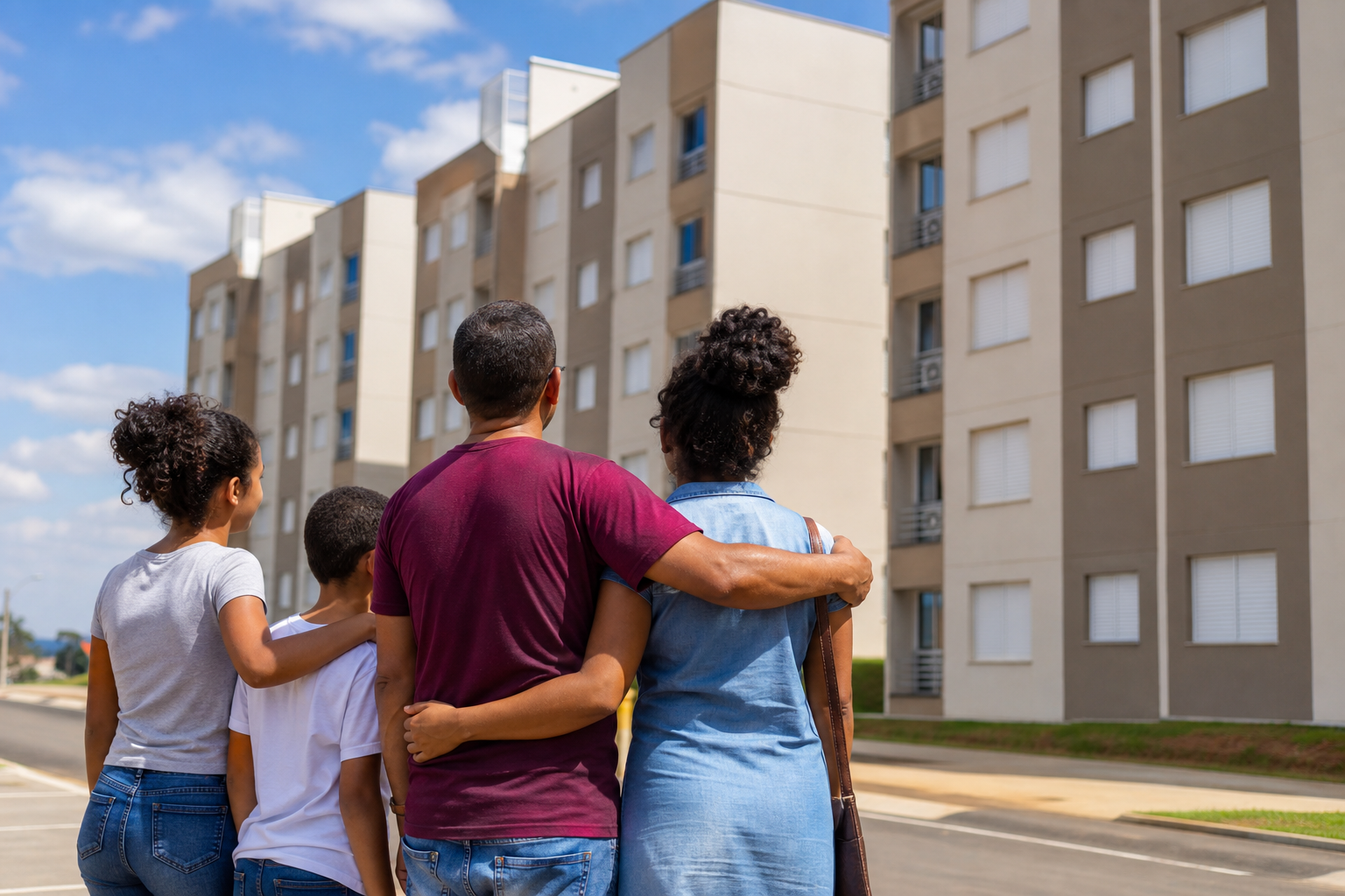 Família observa conjunto habitacional residencial construído pelo programa de moradia popular
