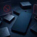 Celular sobre mesa com representação visual abstrata de apostas digitais e bloqueio de acesso, sem textos, números ou logotipos