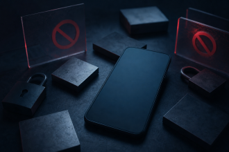 Celular sobre mesa com representação visual abstrata de apostas digitais e bloqueio de acesso, sem textos, números ou logotipos