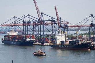 Porto industrial com grandes navios porta-contêineres e guindastes sob céu claro.